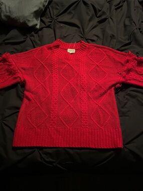 Seven7 Women's Red Cable Knit Fringe-Sleeve Crewneck Sweater